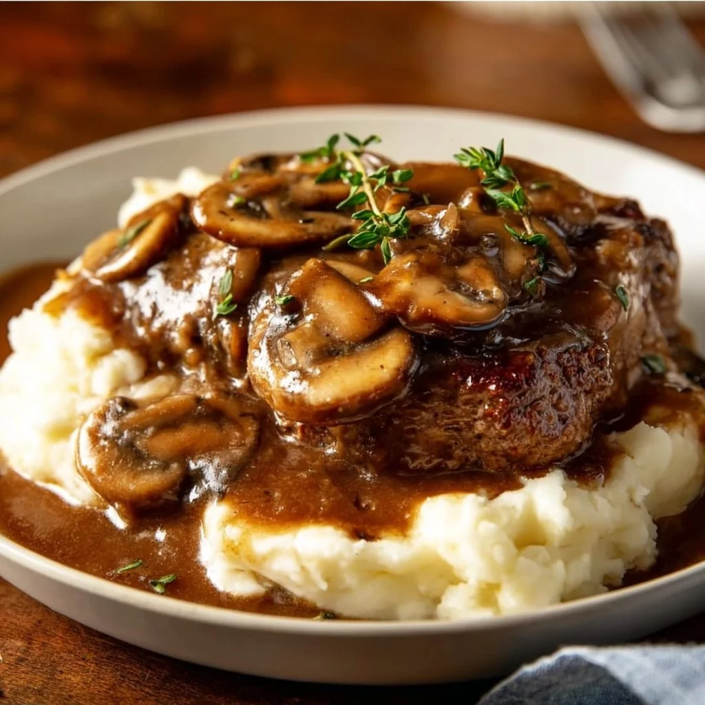 Delicious smothered cube steak served with gravy and side dishes.
