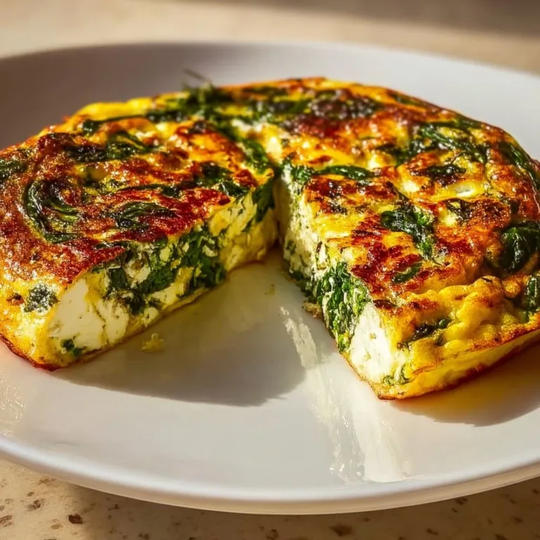 Spinach and feta frittata served on a plate, garnished with herbs