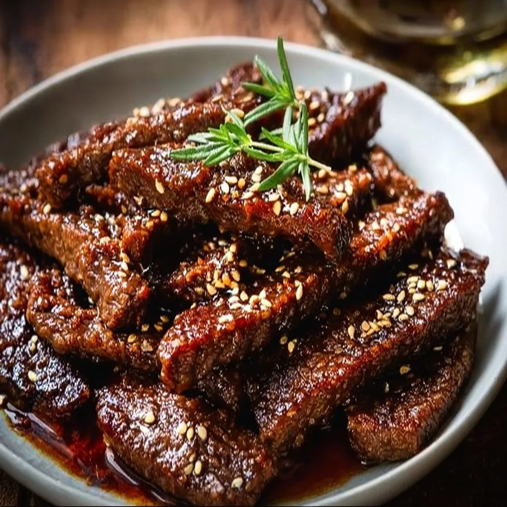 Teriyaki Marinated Beef Strips with Sesame Seeds