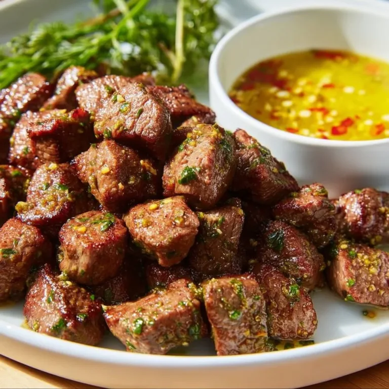 Juicy air fryer steak bites served on a plate with dipping sauce