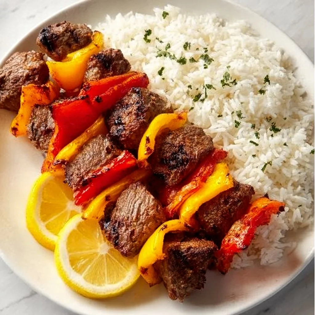 Juicy beef shish kebab skewers grilled to perfection