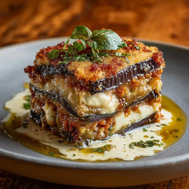 Delicious Burrata Eggplant Parmigiana topped with caramelized onions and Parmesan cream