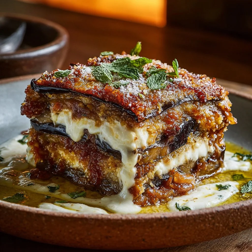 Burrata Eggplant Parmigiana with Caramelized Onions & Parmesan Cream