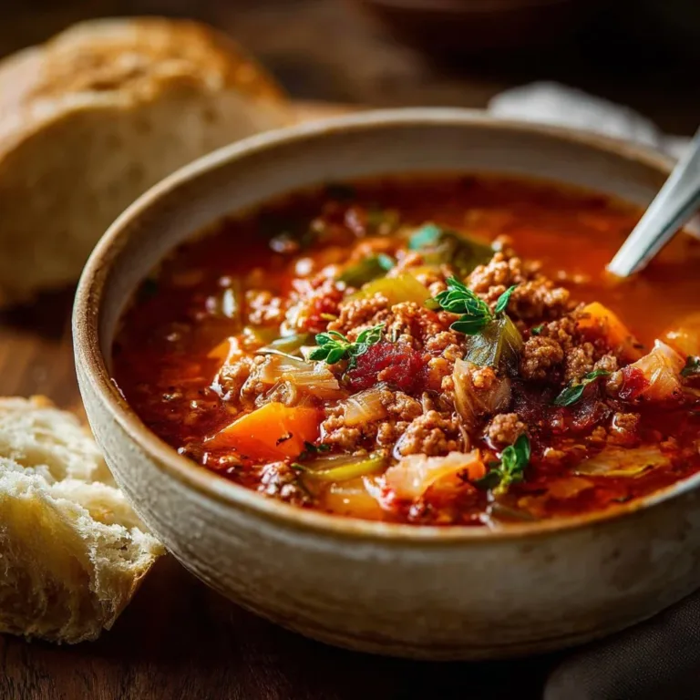 Cabbage soup with ground beef in a bowl, garnished with fresh herbs.