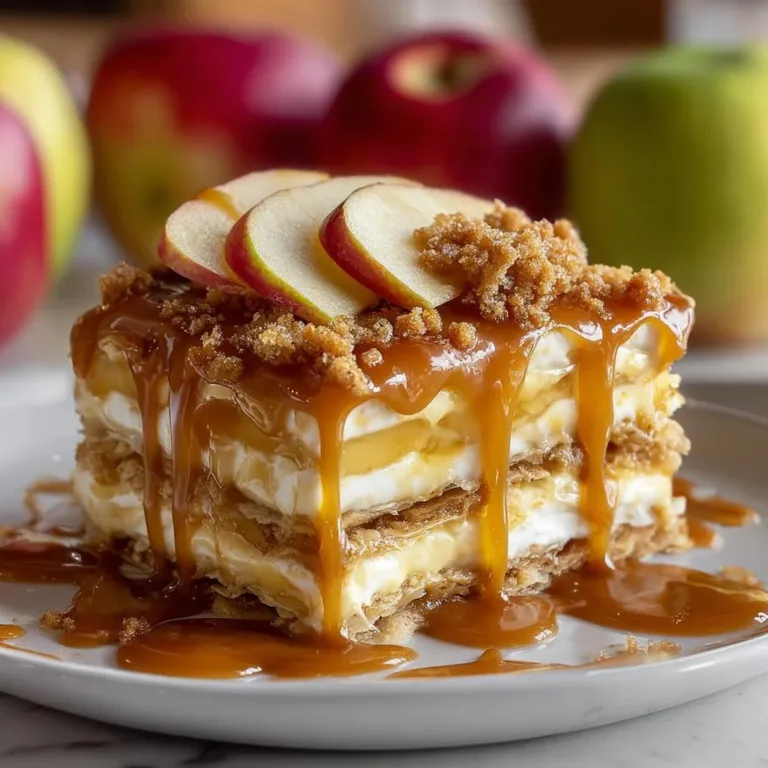 Delicious Caramel Apple Eclair Cake with caramel drizzle and apple slices