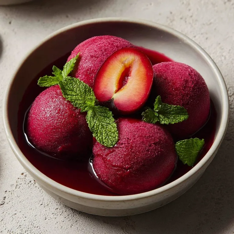 Delicious homemade Cardamom Plum Sorbet in a bowl with fresh plums