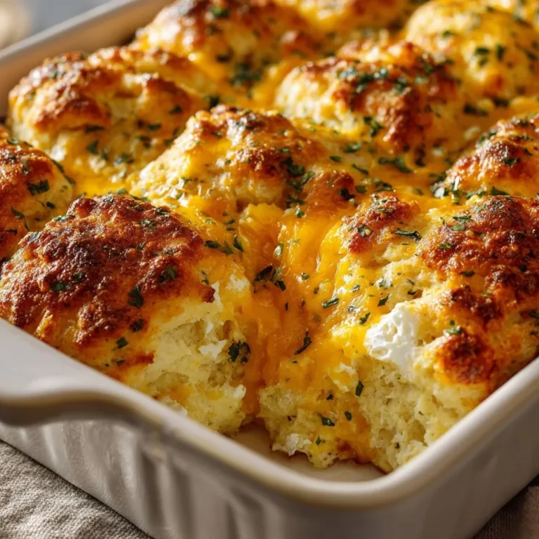 Cheddar Bay Biscuit Egg Break Casserole topped with herbs and cheese