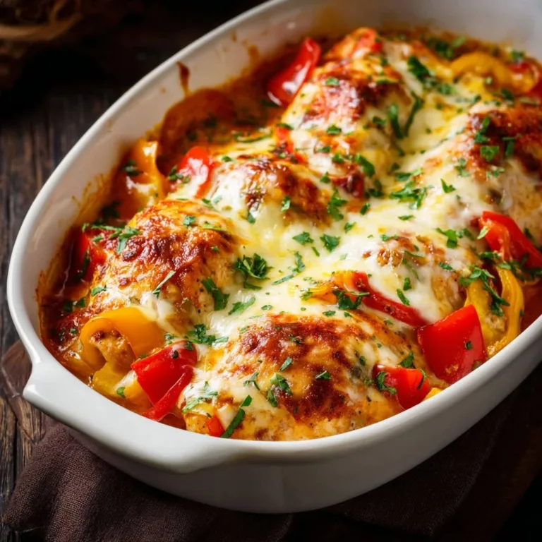 Cheesy baked chicken breast served with colorful peppers on a plate