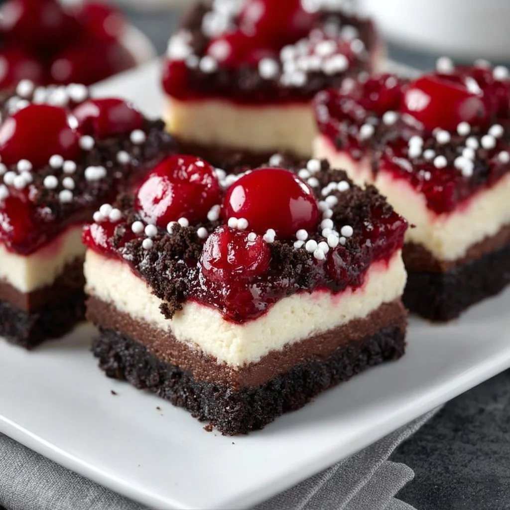 Chocolate Cherry Black Forest Cheesecake Bars 6 Chocolate Cherry Black Forest Cheesecake Bars with rich chocolate and cherry toppings