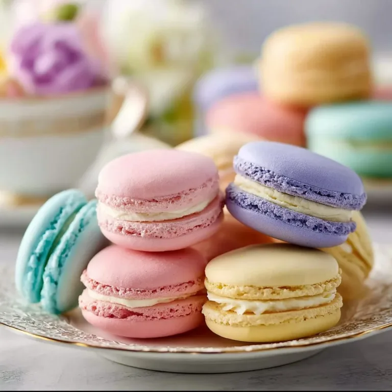 Plate of colorful classic French macarons in assorted flavors