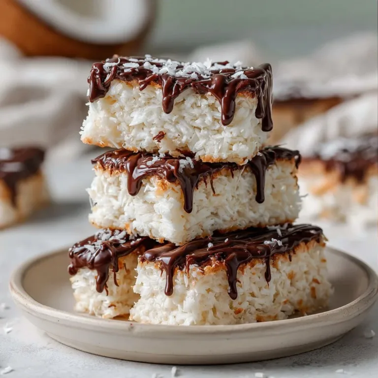 Delicious homemade coconut bars topped with shredded coconut and chocolate