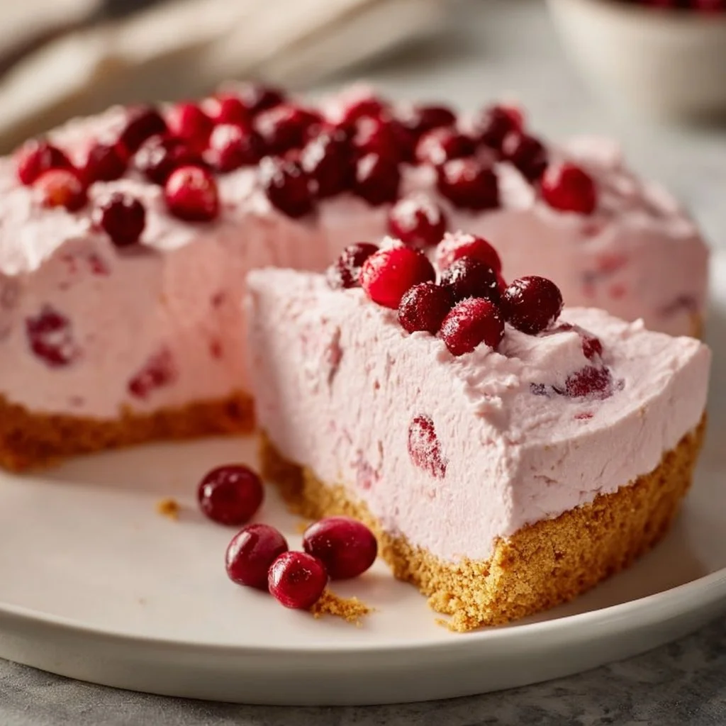 Delicious Cranberry Mousse dessert in a glass with a fresh cranberry garnish