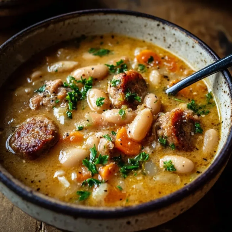 Creamy bean soup with sausage in a bowl, garnished with herbs.
