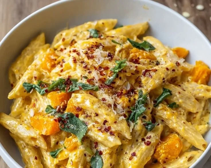 Creamy butternut squash pasta in a bowl topped with herbs and grated cheese