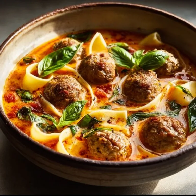 Bowl of creamy Italian meatball soup with vegetables and herbs.