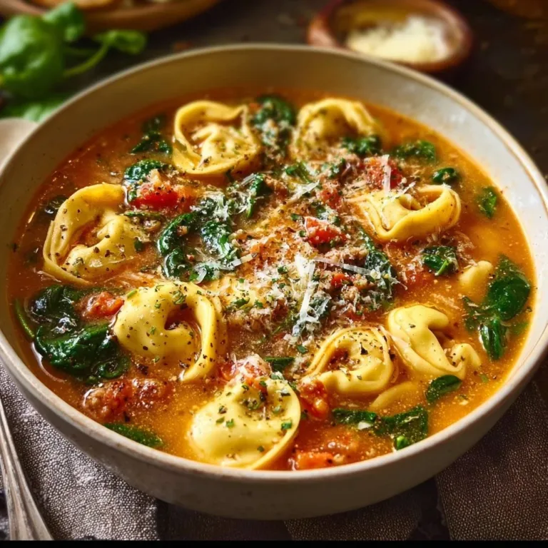 Creamy tortellini soup garnished with herbs in a bowl