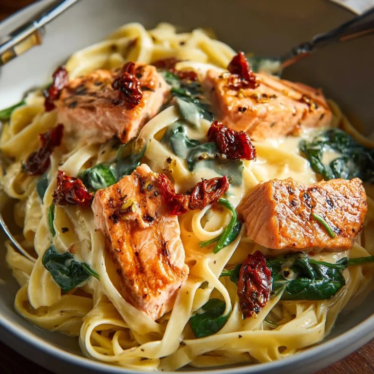 Creamy Tuscan salmon pasta dish garnished with vegetables