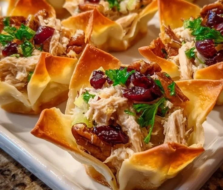 Crispy Cranberry Pecan Chicken Salad served in wonton cups
