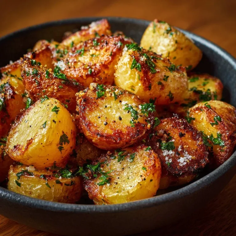 Plate of crispy roast potatoes, golden and perfectly cooked