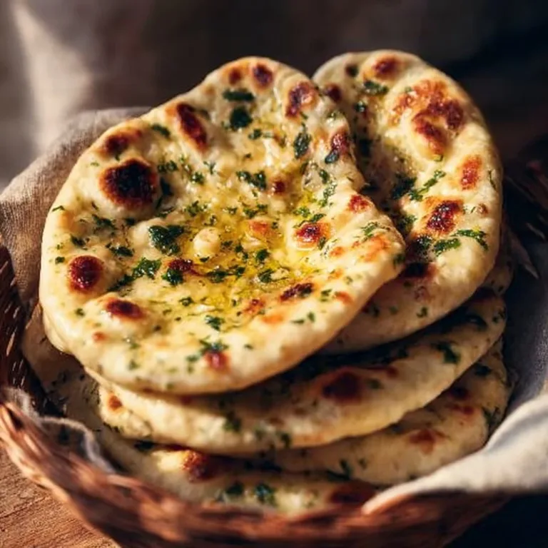 Homemade easy garlic naan served with flavorful dips