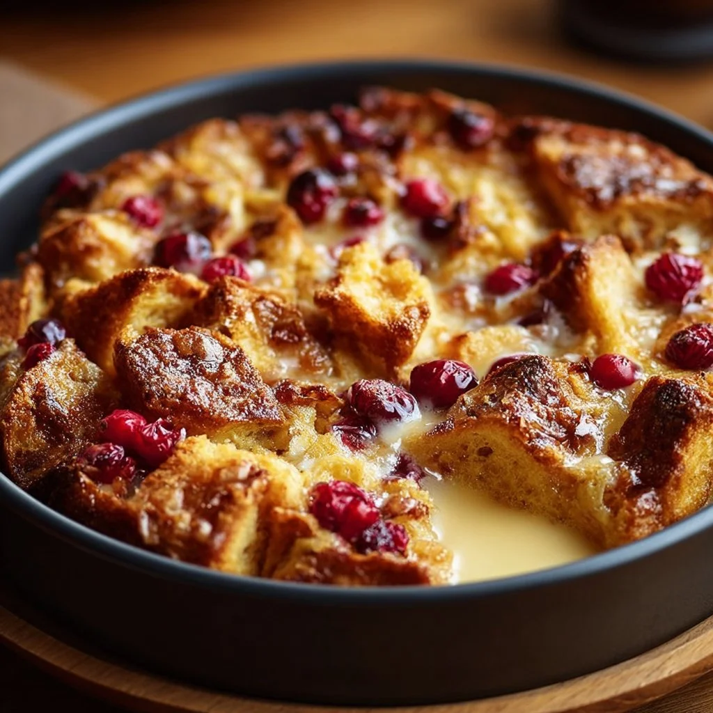 Delicious Eggnog Bread Pudding topped with cream and spices.
