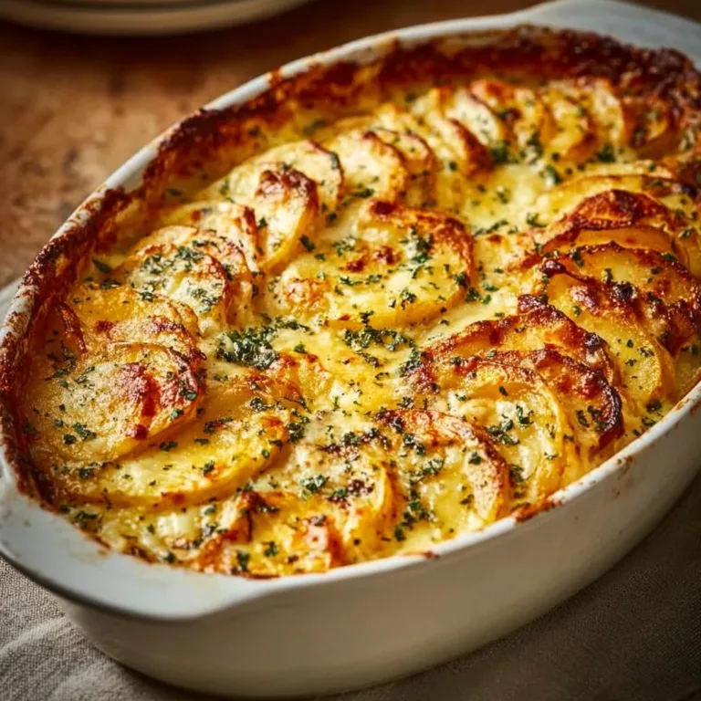 Extra cheesy potato gratin casserole served in a baking dish