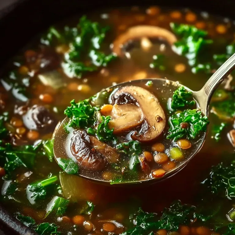 Bowl of French Lentil and Mushroom Soup garnished with fresh herbs