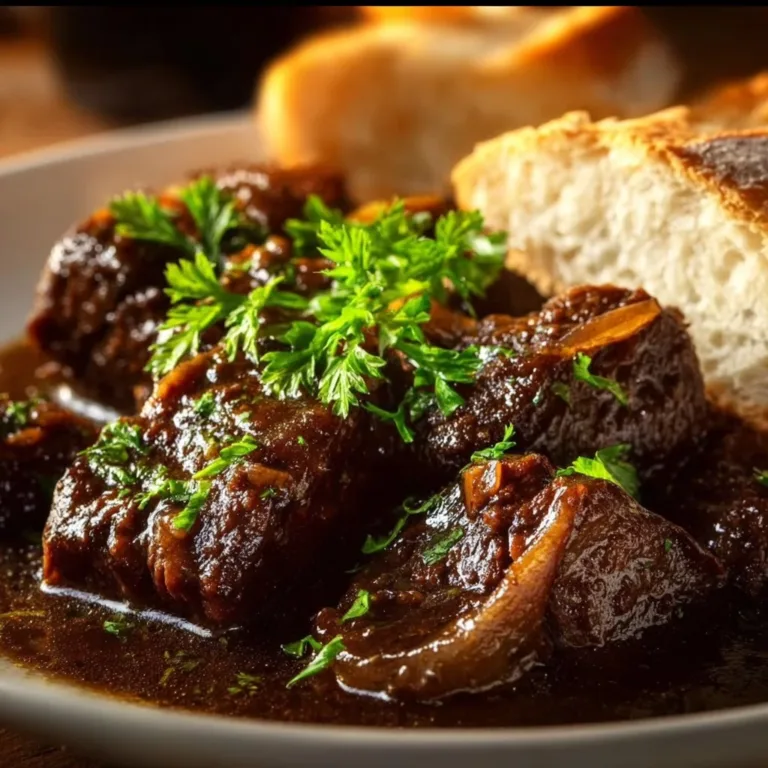 French onion beef short rib soup topped with melted cheese and herbs