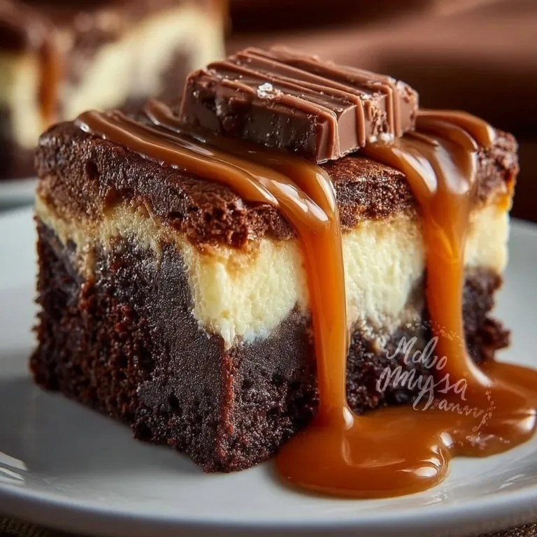Delicious fudge brownie cheesecake topped with chocolate drizzle and served on a plate.