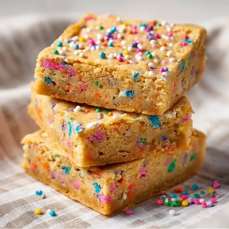Delicious Funfetti Blondies with colorful sprinkles on a white plate