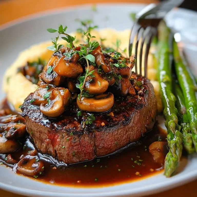 Garlic Herb Steak served with Mushroom Wine Sauce on a plate
