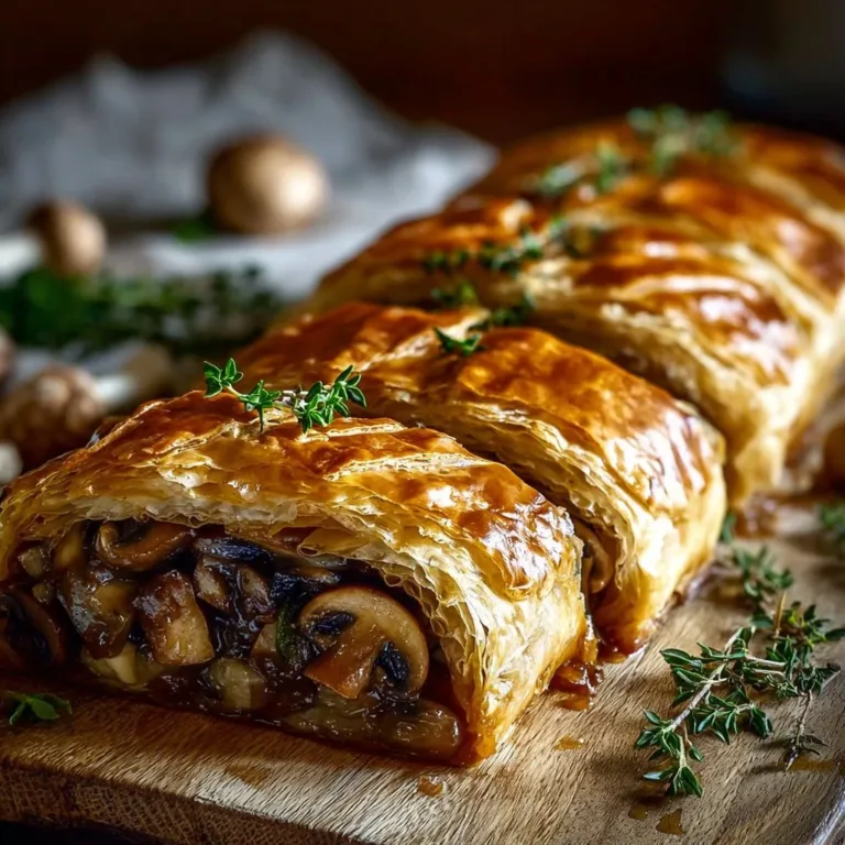 Golden Mushroom Wellington with flaky puff pastry ready to serve.