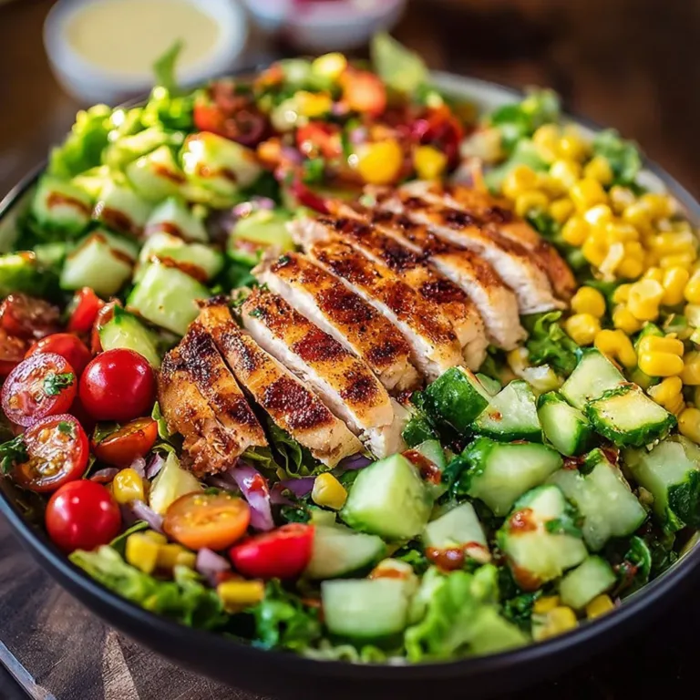 Delicious grilled chicken salad displayed in a vibrant bowl with fresh vegetables.