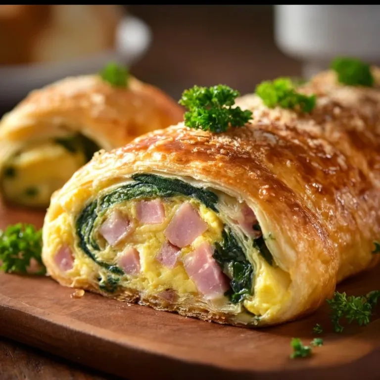 Ham and spinach breakfast roll-up on a plate with fresh ingredients.