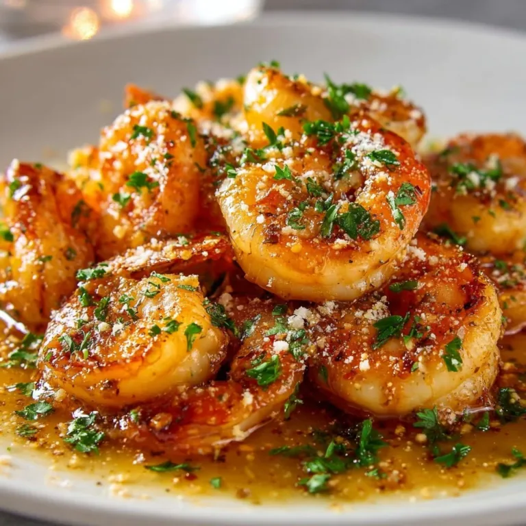 Plate of Hawaiian Garlic Shrimp garnished with herbs and served with rice.
