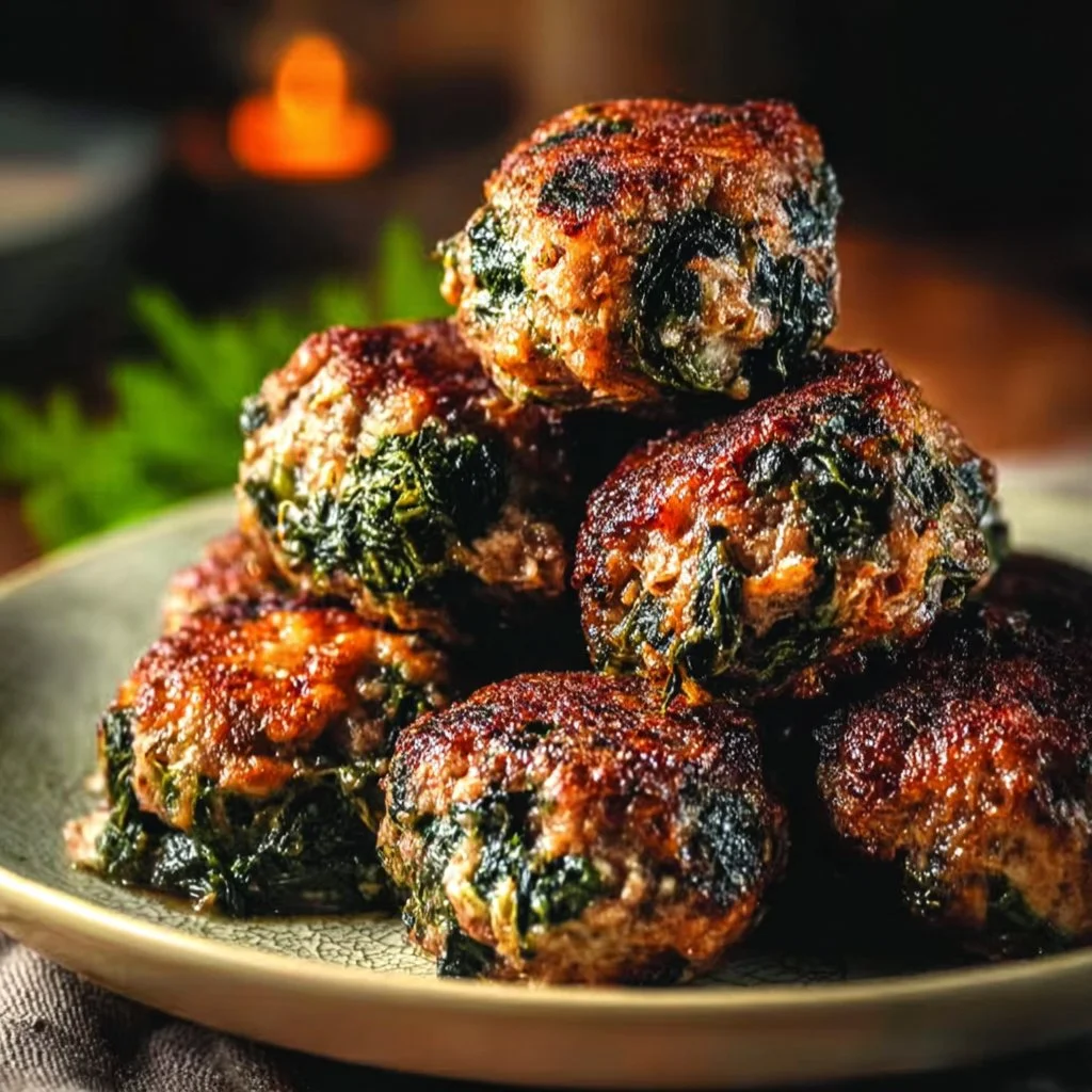 Healthy Spinach Garlic Meatballs 6 Healthy spinach garlic meatballs served on a plate with fresh herbs