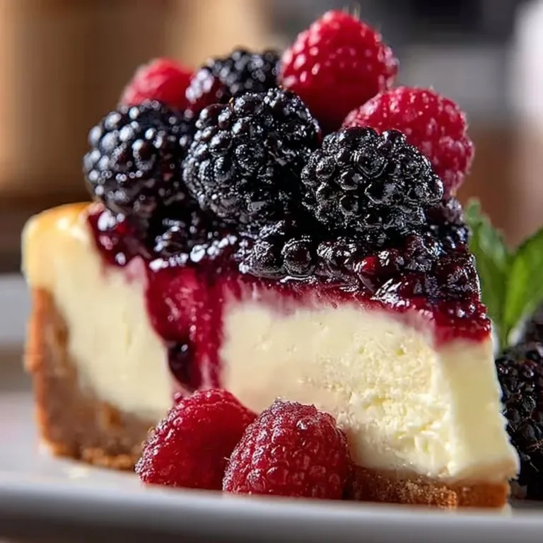Heavenly Blackberry Raspberry Cheesecake topped with fresh berries