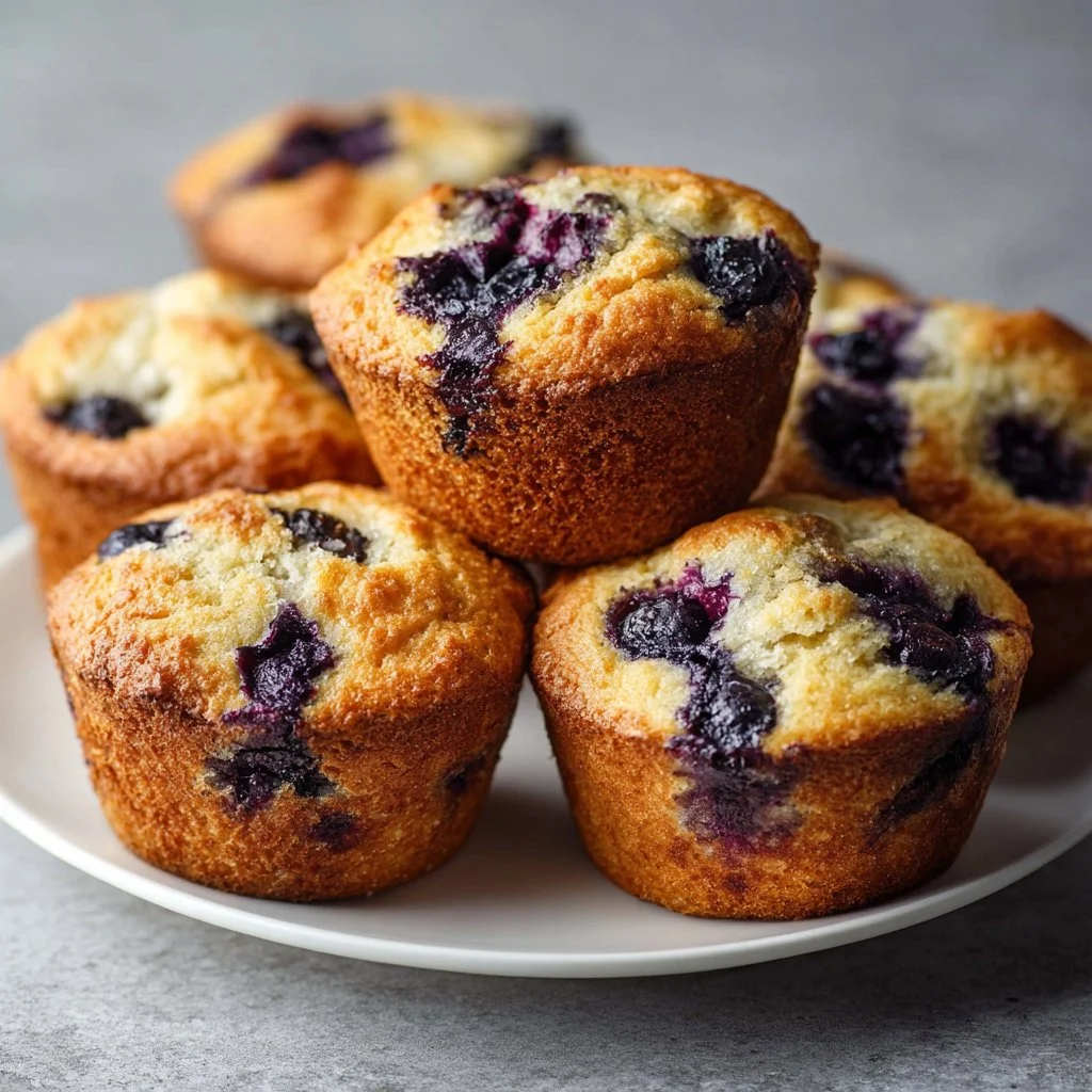 Keto Blueberry Muffins 6 Freshly baked keto blueberry muffins in a basket
