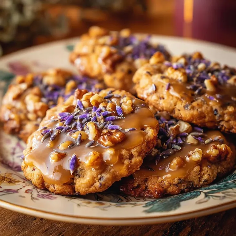 Freshly baked Lavender Honey Crunch Cookies on a wooden table