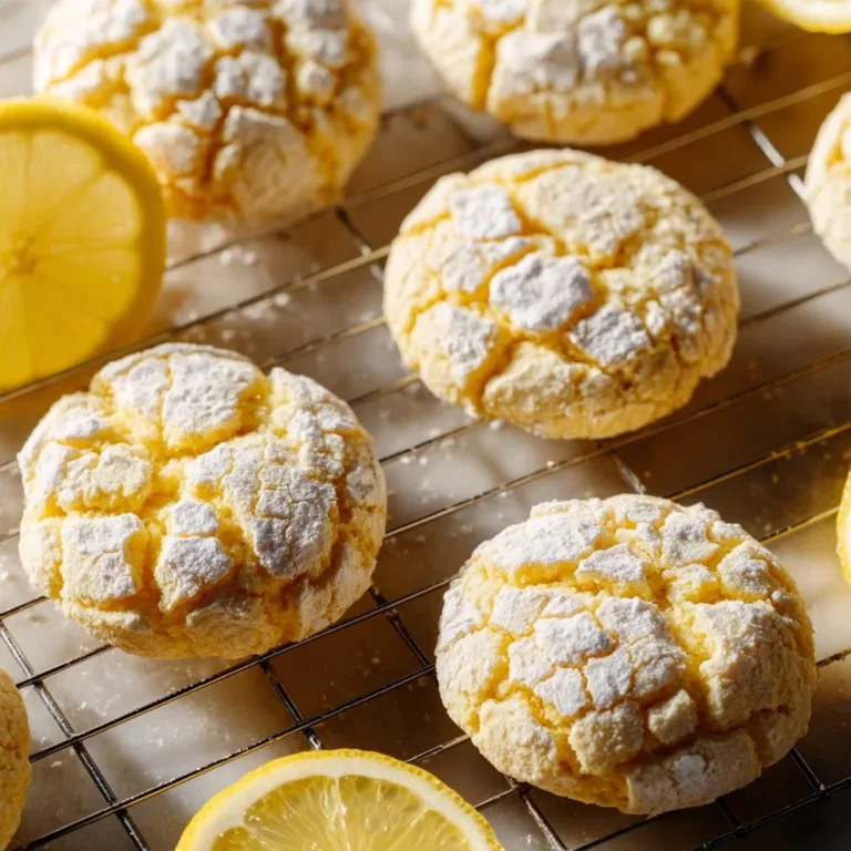 Freshly baked Lemon Crinkle Cookies with powdered sugar coating.