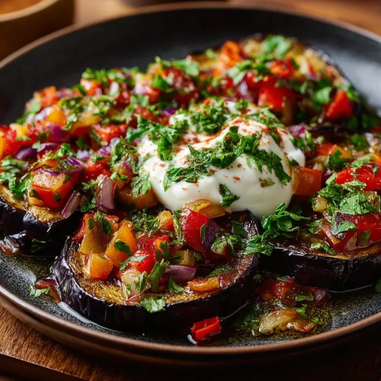 Mediterranean roasted eggplant dish served on a plate with herbs and spices