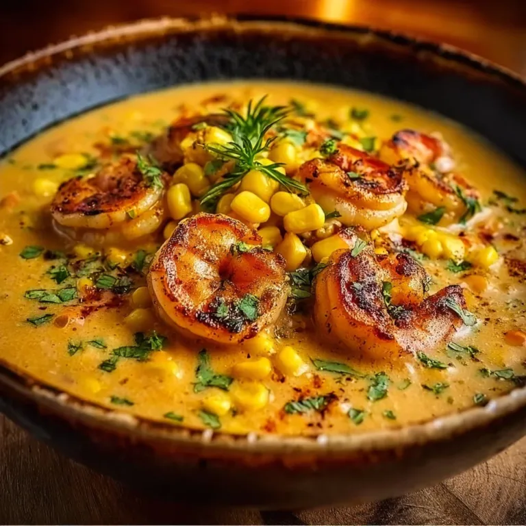 Bowl of New Orleans shrimp and corn bisque garnished with herbs