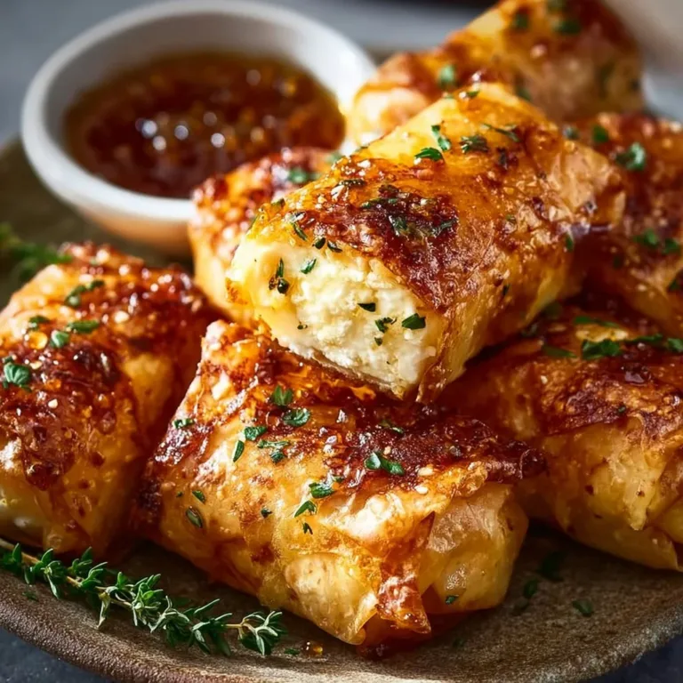 Oven fried feta rolls drizzled with chili honey on a plate.
