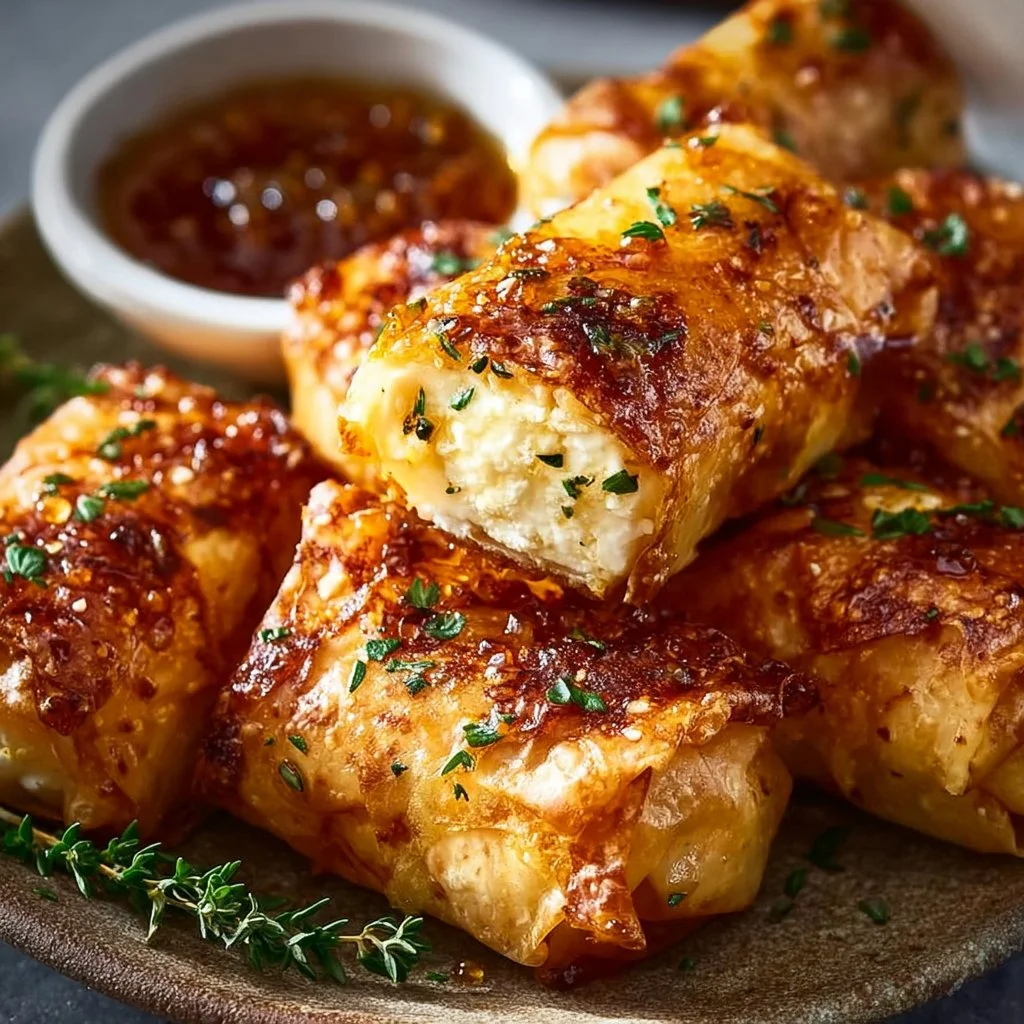 Oven Fried Feta Rolls with Chili Honey