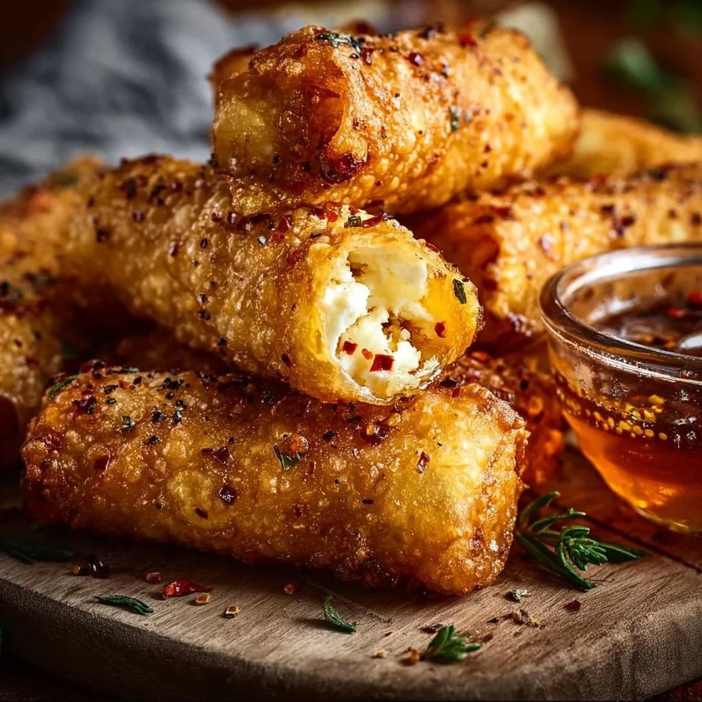 Oven Fried Feta Rolls with Chili Honey