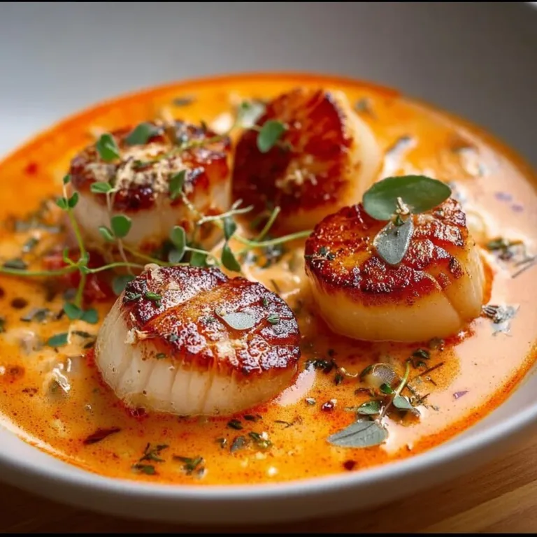 Pan-seared scallops with a creamy vodka sauce served on a white plate