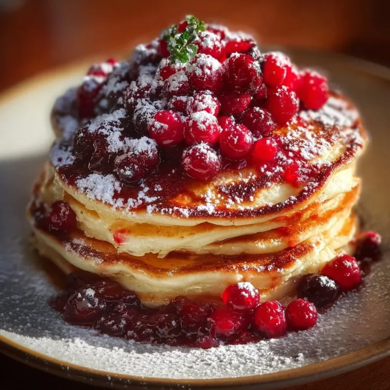 A delicious pancake stack topped with berries and holly for a festive breakfast.