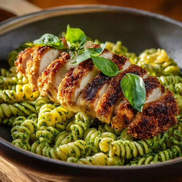 Pesto pasta topped with crispy parmesan chicken served on a plate