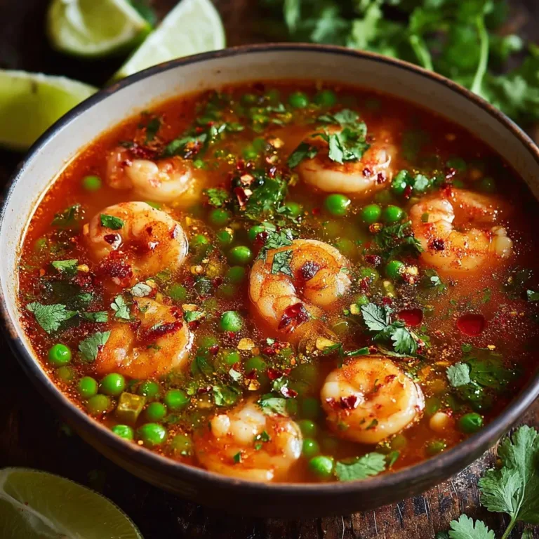Bowl of quick and spicy shrimp soup garnished with fresh herbs and chili peppers