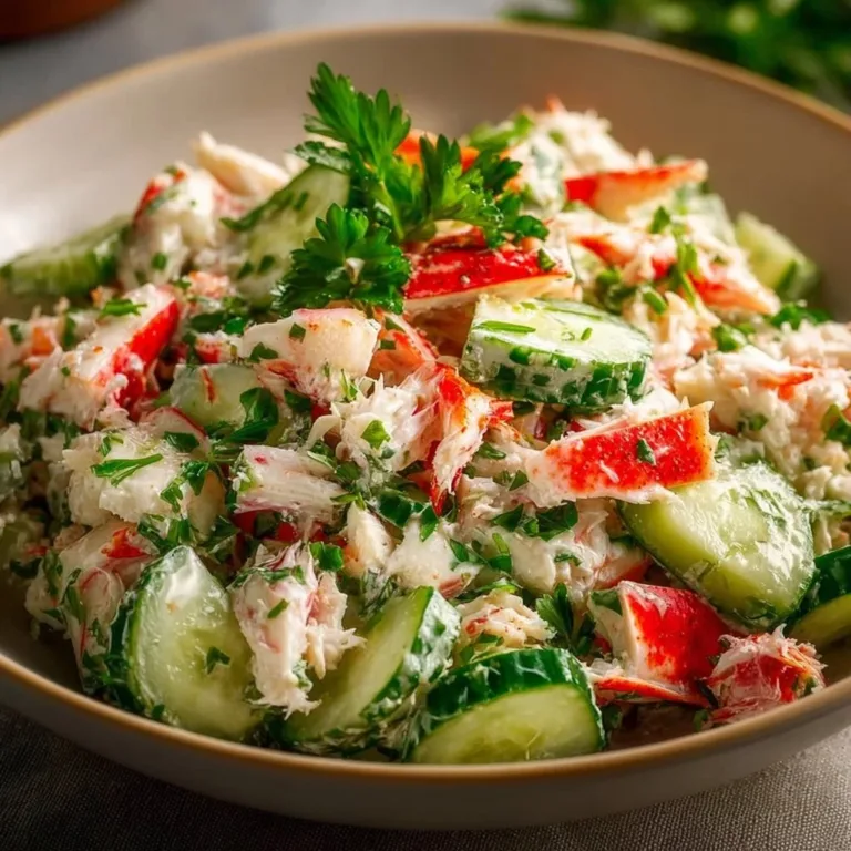 Plate of quick crab and cucumber salad garnished with herbs.